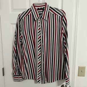 DKNY XL button down long sleeve shirt black, grey, white & burgundy striped